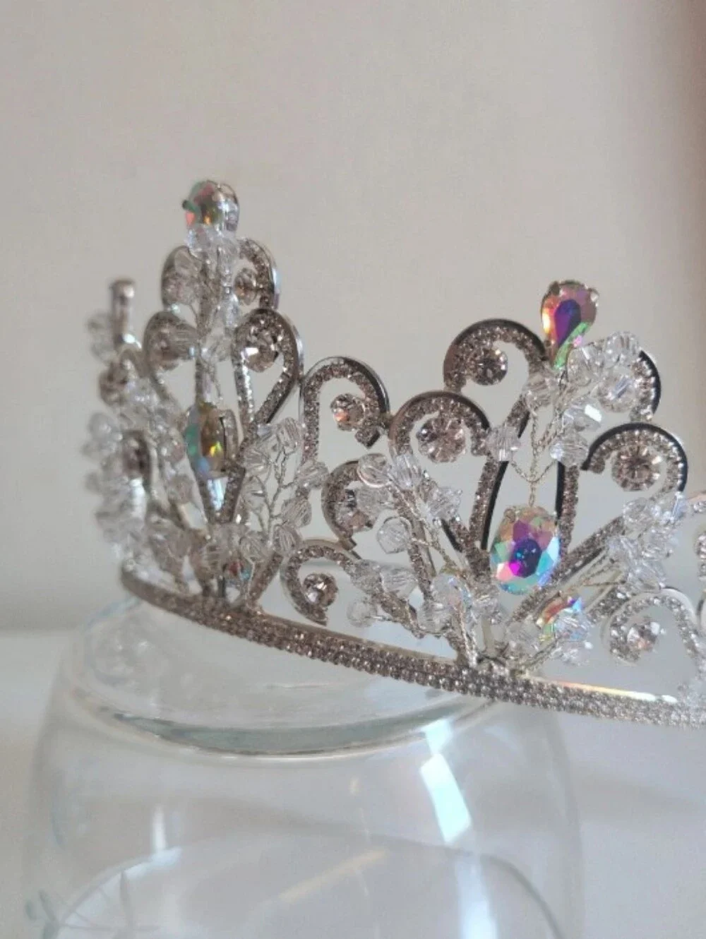 Silver Rhinestone Tiara Crown with Iridescent Gems
